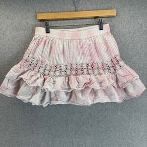 LoveShackFancy Small Skirt Tiered Ruffle Eyelet Crochet Pink White TieDye FLAWED